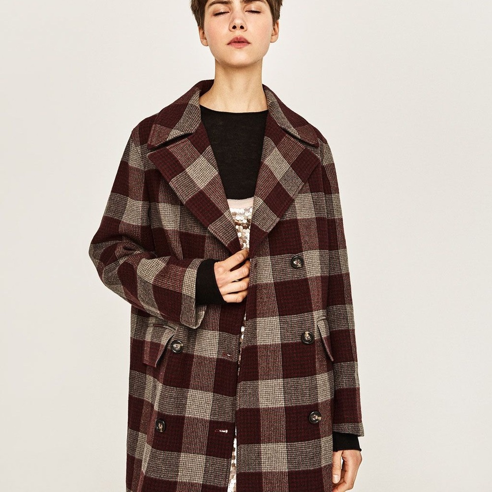 Zara Burgundy Grey Plaid Wool-Blend Coat